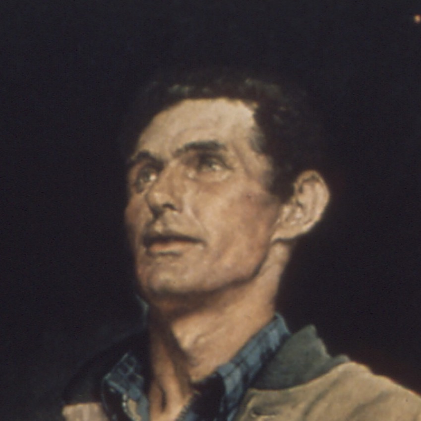 The face of the man from Normal Rockwell's 'Freedom of Speech': standing up and looking up stoically, about to speak.
