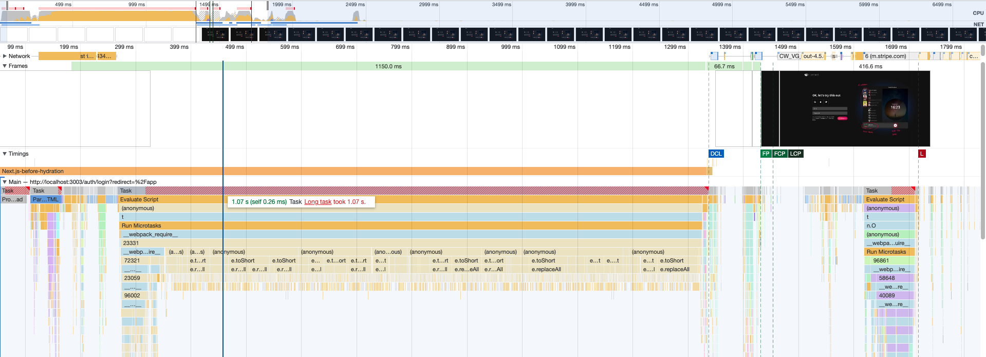 Performance flame chart loading the centered homepage. A 1.07 s long task is shown containing many anonymous functions with calls to e.toShort calling e.replaceAll.