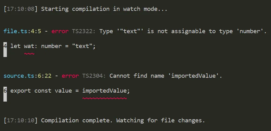 TypeScript --pretty --watch output showing colors on file locators and red squigglies, but no error summary at the end