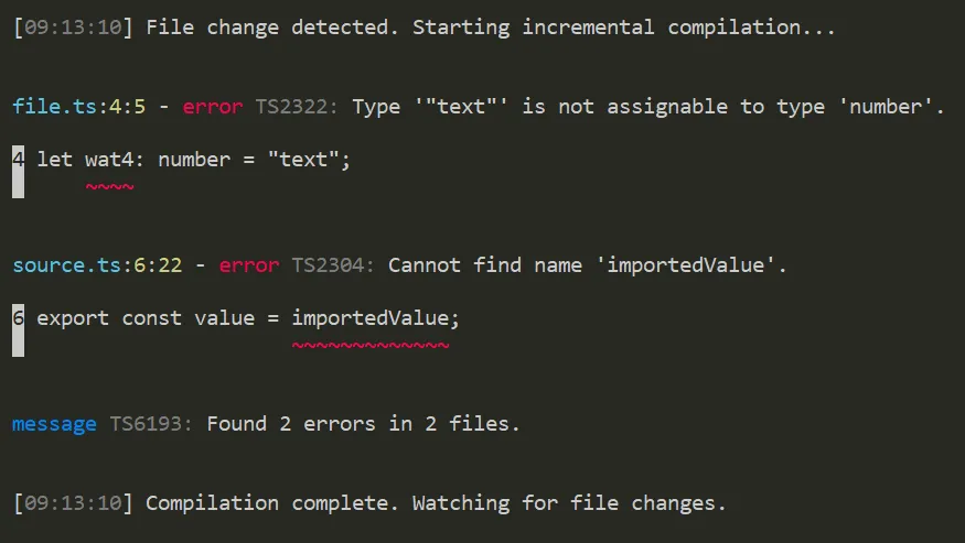 TypeScript --pretty --watch output showing colors on file locators and red squigglies, with a blue message before a diagnostic saying 'Found 2 errors in 2 files.'