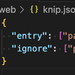 Zoomed in screenshot of a knip.json file showing 'entry' and 'ignore' string array entries