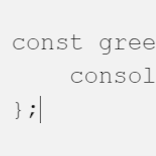 Screenshot of parts of three lines of code (const gree, consol, };) without syntax highlighting.