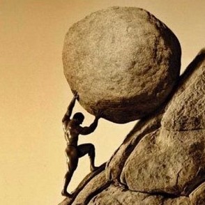 Sisyphus rolling a boulder up a hill
