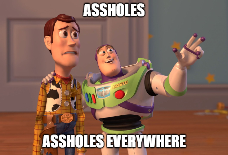 'Assholes, assholes everywhere' captioned meme of Buzz and Woody from Toy Story