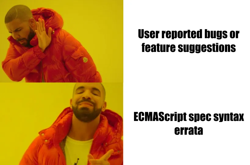 Meme of drake gesturing away from a first panel and happily pointing towards a second. First: 'User reported bugs or feature suggestions'. Second: 'ECMAScript spec syntax errata'.