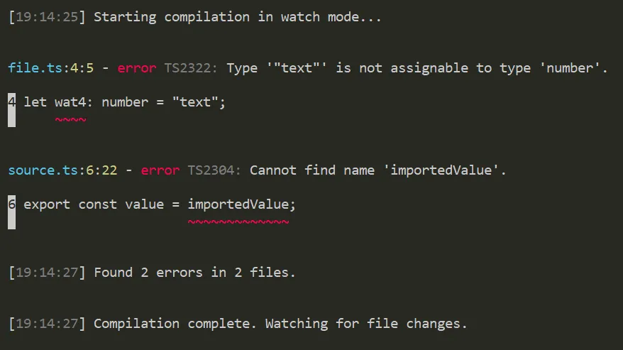 TypeScript --pretty --watch output showing a message with 'Found 2 errors in 2 files' formatted the same way as normal messages. This time, there's a 'Starting compilation in watch mode...' beforehand.