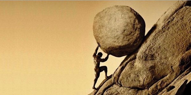 Sisyphus rolling a boulder up a hill